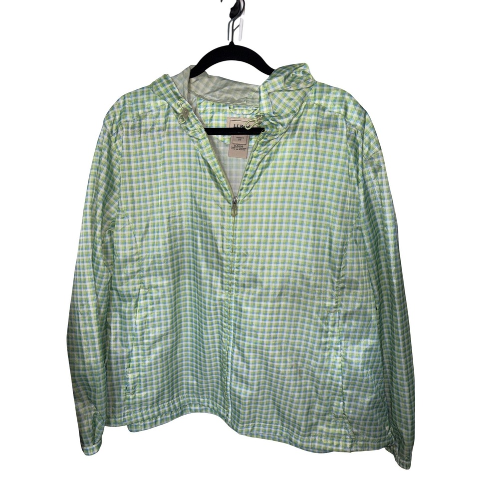 L.L.Bean Windbreaker Womens 3X Green Gingham Hooded Zip Jacket